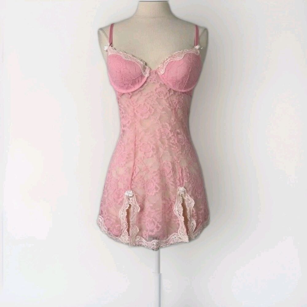 Native Intimates Coquette Lace Babydoll Chemise Dress Padded Bra 42D Pink